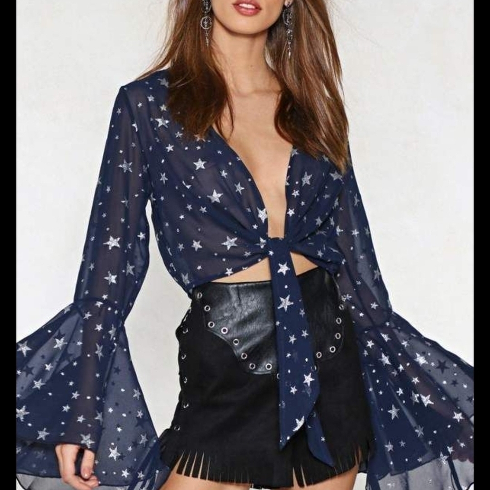 Star Of The Show Print Navy Tie-Front Sheer Blouse